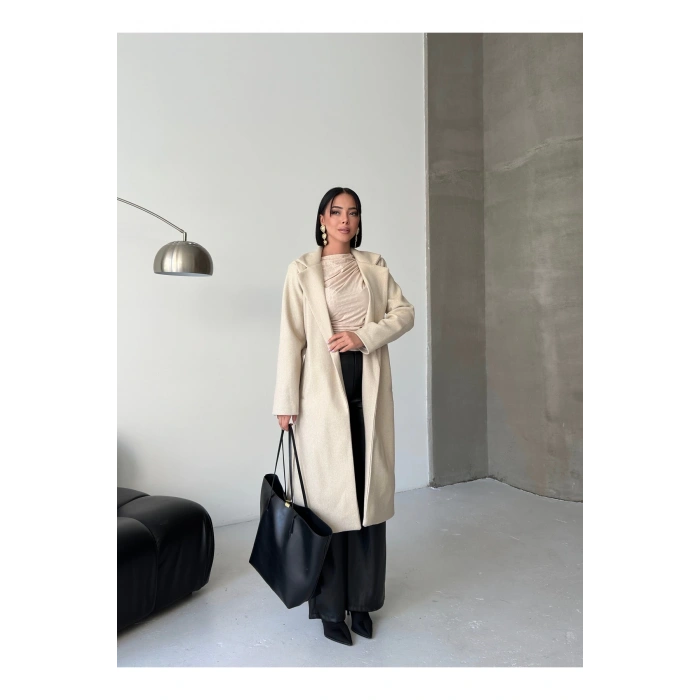 KADIN KUŞAKLI CEPLİ ASTARLI UZUN KAŞE KABAN [ TÜYLENMEZ ]