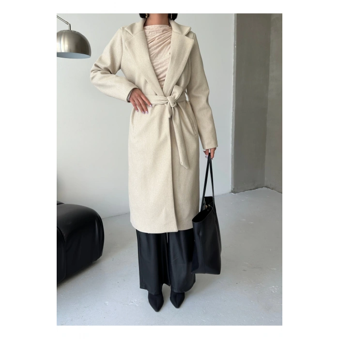 KADIN KUŞAKLI CEPLİ ASTARLI UZUN KAŞE KABAN [ TÜYLENMEZ ]