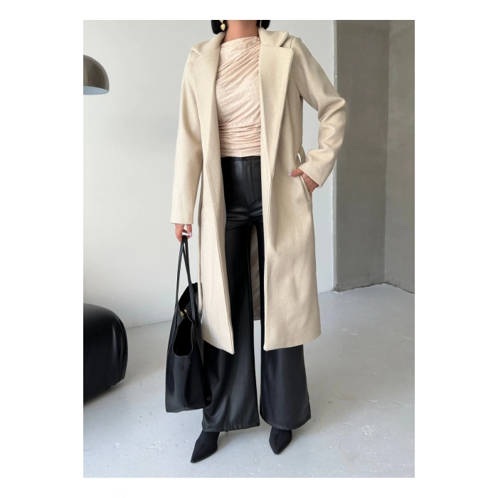 KADIN KUŞAKLI CEPLİ ASTARLI UZUN KAŞE KABAN [ TÜYLENMEZ ]