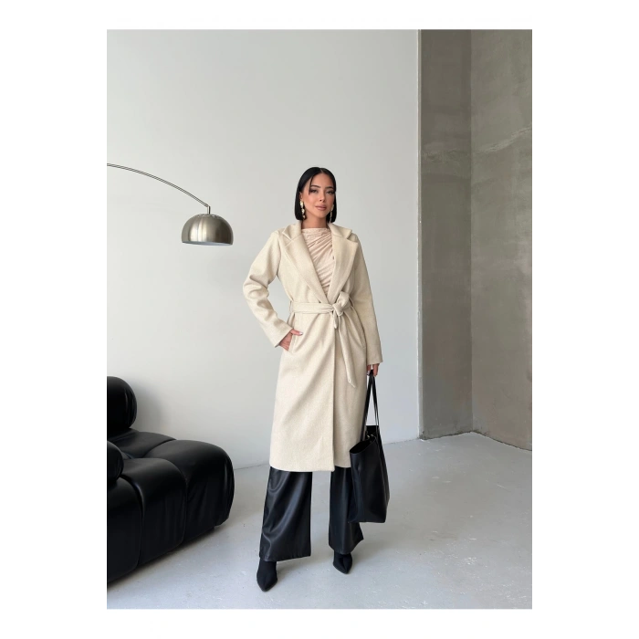 KADIN KUŞAKLI CEPLİ ASTARLI UZUN KAŞE KABAN [ TÜYLENMEZ ]