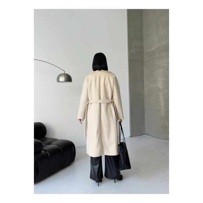 KADIN KUŞAKLI CEPLİ ASTARLI UZUN KAŞE KABAN [ TÜYLENMEZ ]