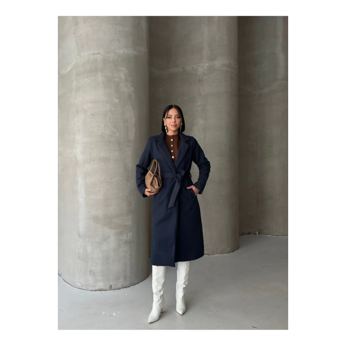 KADIN KUŞAKLI CEPLİ ASTARLI UZUN KAŞE KABAN [ TÜYLENMEZ ]