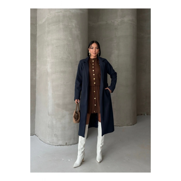 KADIN KUŞAKLI CEPLİ ASTARLI UZUN KAŞE KABAN [ TÜYLENMEZ ]