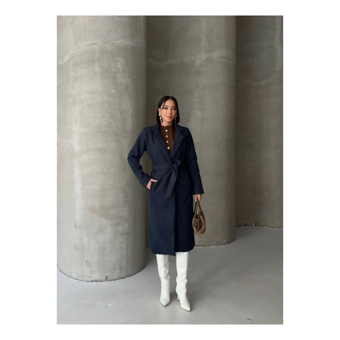 KADIN KUŞAKLI CEPLİ ASTARLI UZUN KAŞE KABAN [ TÜYLENMEZ ]