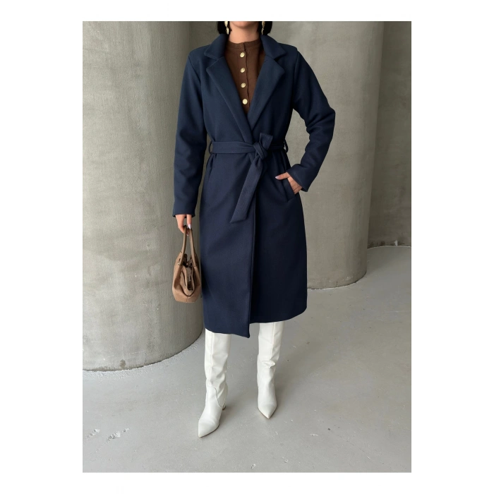 KADIN KUŞAKLI CEPLİ ASTARLI UZUN KAŞE KABAN [ TÜYLENMEZ ]