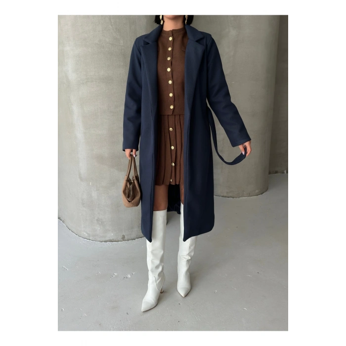 KADIN KUŞAKLI CEPLİ ASTARLI UZUN KAŞE KABAN [ TÜYLENMEZ ]