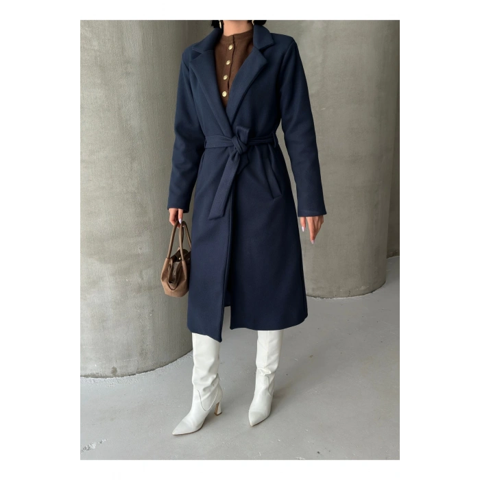 KADIN KUŞAKLI CEPLİ ASTARLI UZUN KAŞE KABAN [ TÜYLENMEZ ]