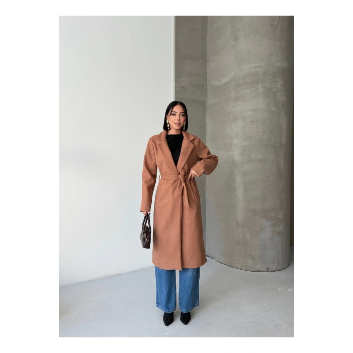 KADIN KUŞAKLI CEPLİ ASTARLI UZUN KAŞE KABAN [ TÜYLENMEZ ]