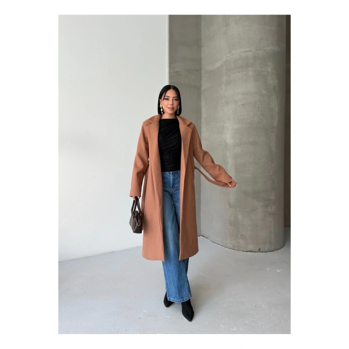 KADIN KUŞAKLI CEPLİ ASTARLI UZUN KAŞE KABAN [ TÜYLENMEZ ]