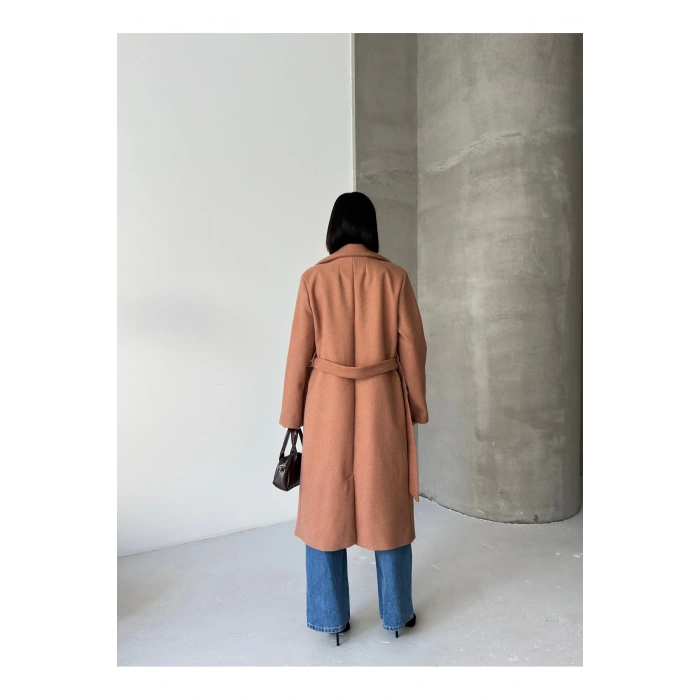 KADIN KUŞAKLI CEPLİ ASTARLI UZUN KAŞE KABAN [ TÜYLENMEZ ]