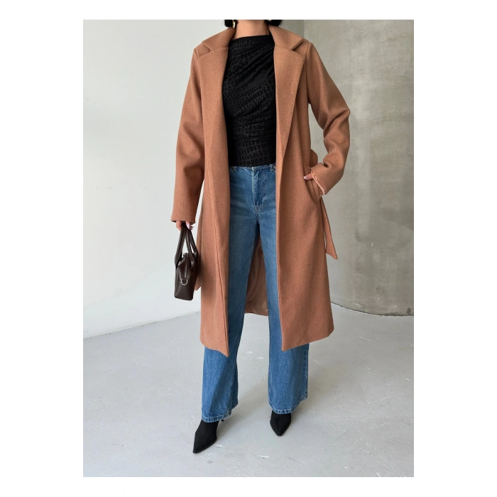 KADIN KUŞAKLI CEPLİ ASTARLI UZUN KAŞE KABAN [ TÜYLENMEZ ]