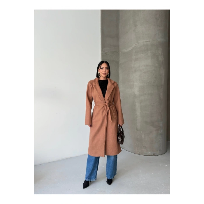 KADIN KUŞAKLI CEPLİ ASTARLI UZUN KAŞE KABAN [ TÜYLENMEZ ]