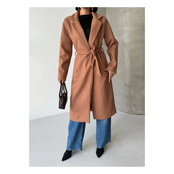 KADIN KUŞAKLI CEPLİ ASTARLI UZUN KAŞE KABAN [ TÜYLENMEZ ]