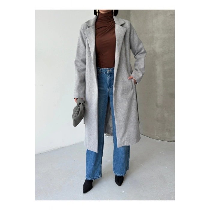 KADIN KUŞAKLI CEPLİ ASTARLI UZUN KAŞE KABAN [ TÜYLENMEZ ]