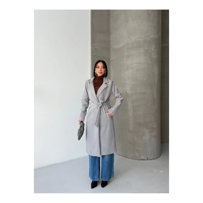 KADIN KUŞAKLI CEPLİ ASTARLI UZUN KAŞE KABAN [ TÜYLENMEZ ]