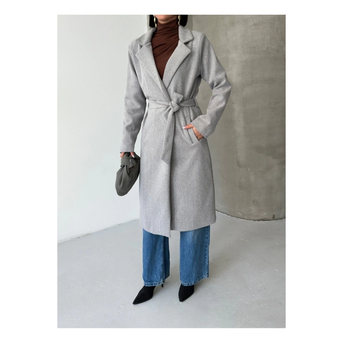 KADIN KUŞAKLI CEPLİ ASTARLI UZUN KAŞE KABAN [ TÜYLENMEZ ]