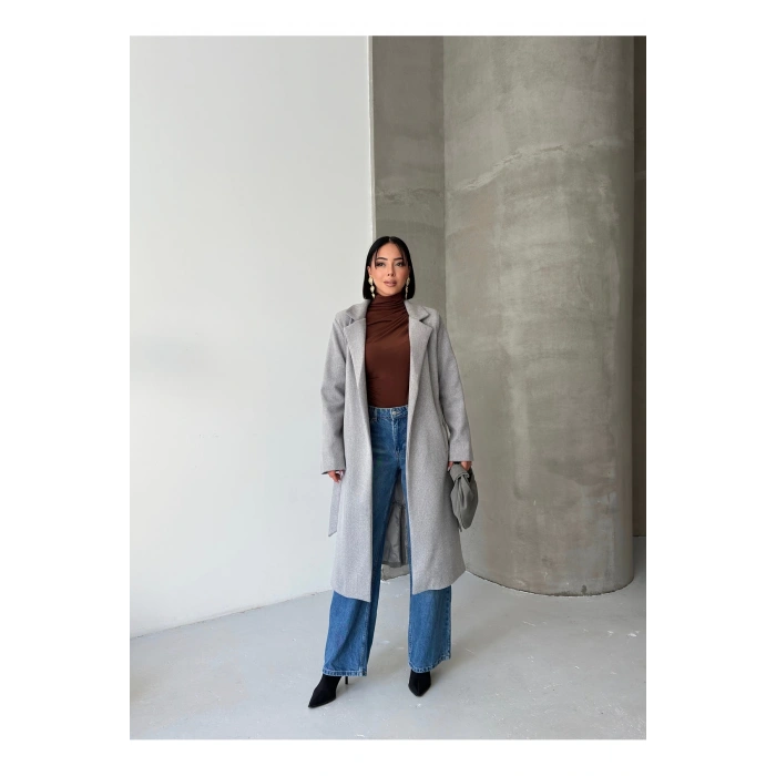 KADIN KUŞAKLI CEPLİ ASTARLI UZUN KAŞE KABAN [ TÜYLENMEZ ]