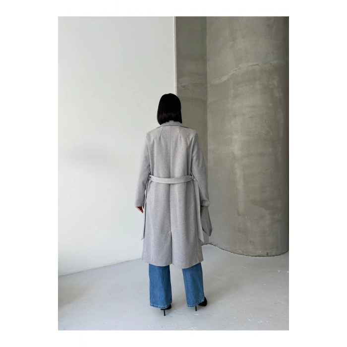 KADIN KUŞAKLI CEPLİ ASTARLI UZUN KAŞE KABAN [ TÜYLENMEZ ]