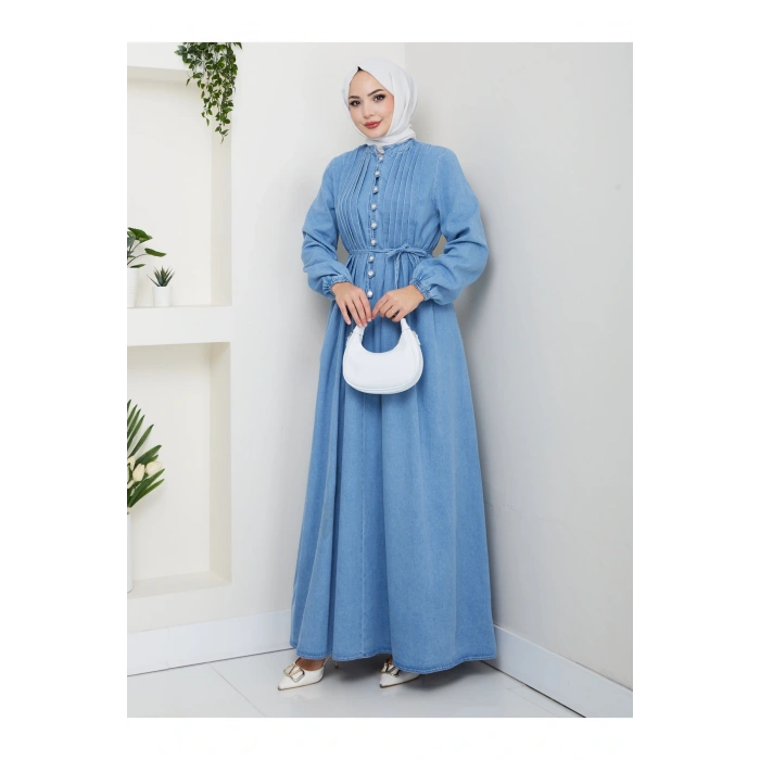 KADIN DRAPELI DÜĞMELI PİLİSELİ KOT ELBİSE