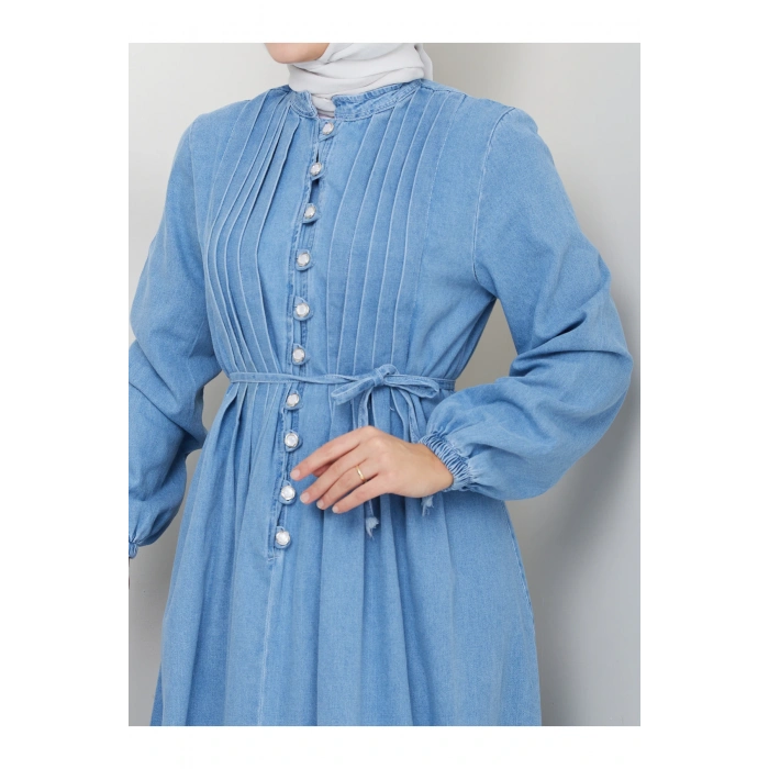 KADIN DRAPELI DÜĞMELI PİLİSELİ KOT ELBİSE