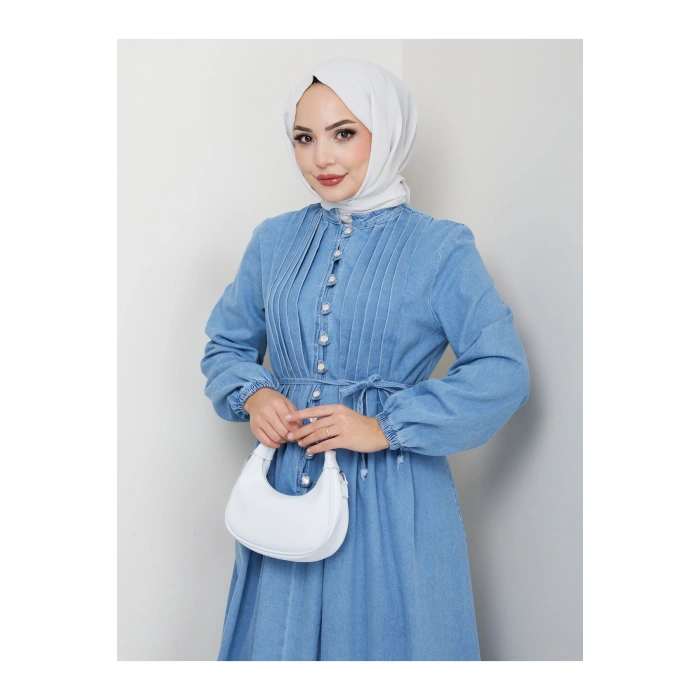 KADIN DRAPELI DÜĞMELI PİLİSELİ KOT ELBİSE