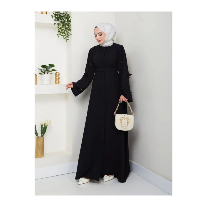 KOLU GÜL DANTELLİ DETAYLI ABAYA TESETTÜR GIYIM KADIN FERACE ELBISE SİYAH