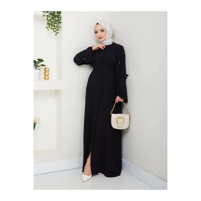KOLU GÜL DANTELLİ DETAYLI ABAYA TESETTÜR GIYIM KADIN FERACE ELBISE SİYAH