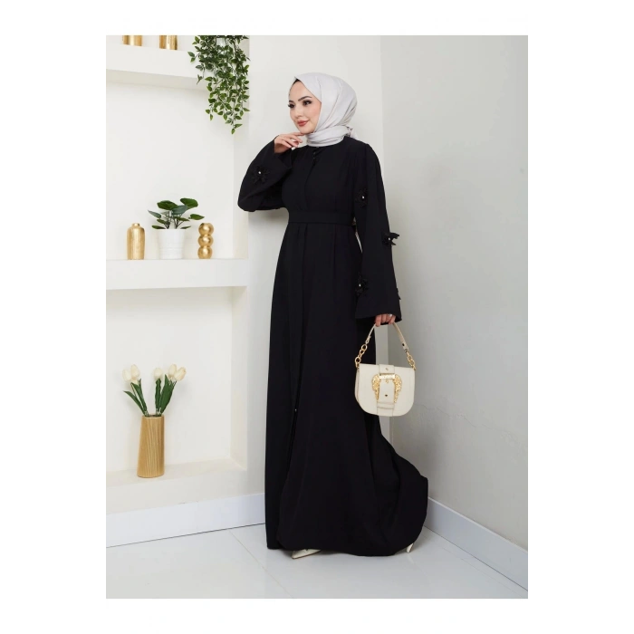 KOLU GÜL DANTELLİ DETAYLI ABAYA TESETTÜR GIYIM KADIN FERACE ELBISE SİYAH
