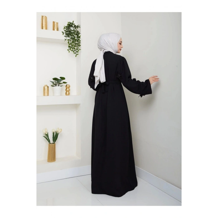 KOLU GÜL DANTELLİ DETAYLI ABAYA TESETTÜR GIYIM KADIN FERACE ELBISE SİYAH