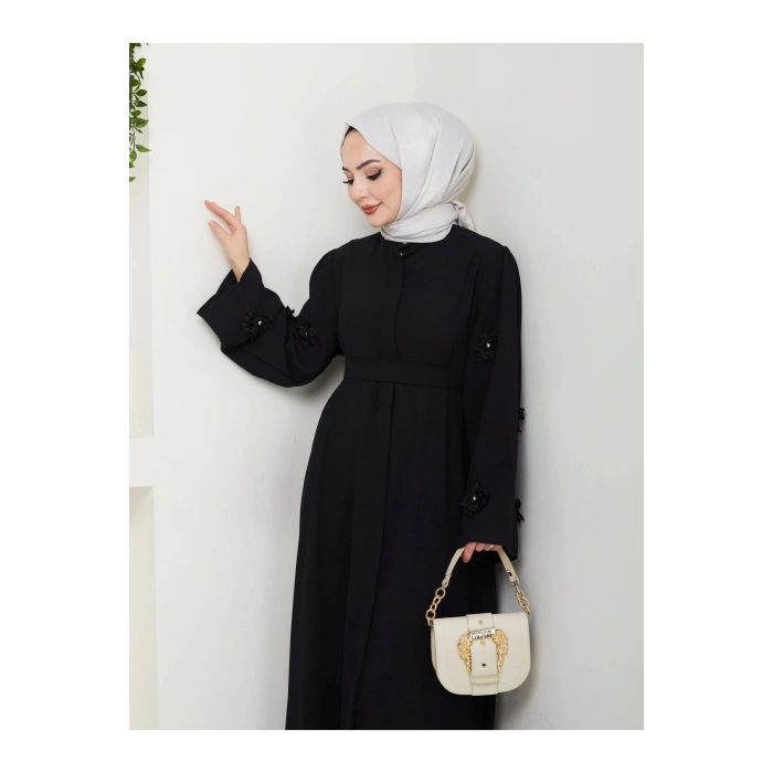 KOLU GÜL DANTELLİ DETAYLI ABAYA TESETTÜR GIYIM KADIN FERACE ELBISE SİYAH