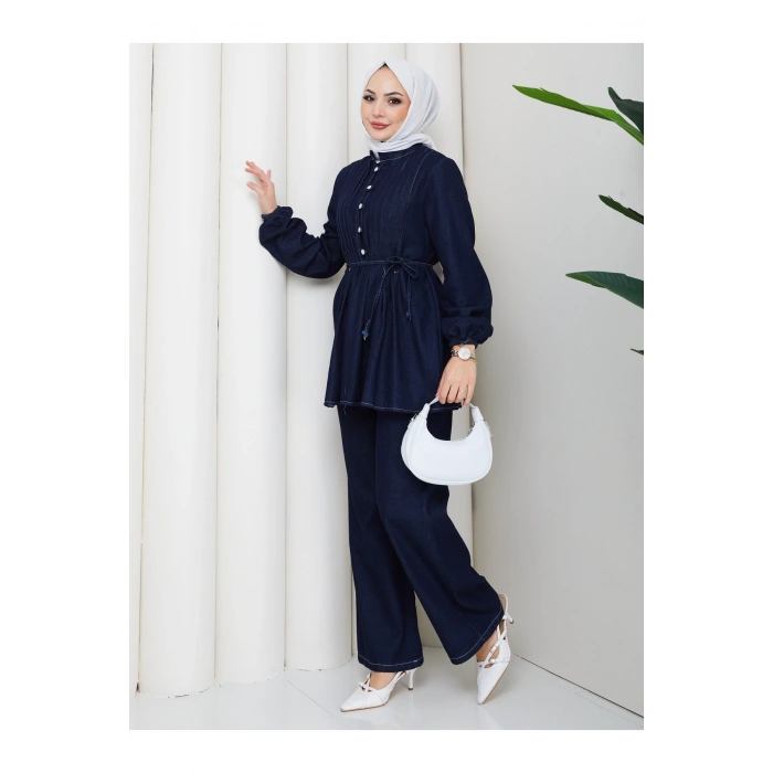 KADIN NERVÜLLÜ BİYELİ DÜĞMELİ BAĞCIKLI KOT TAKIM