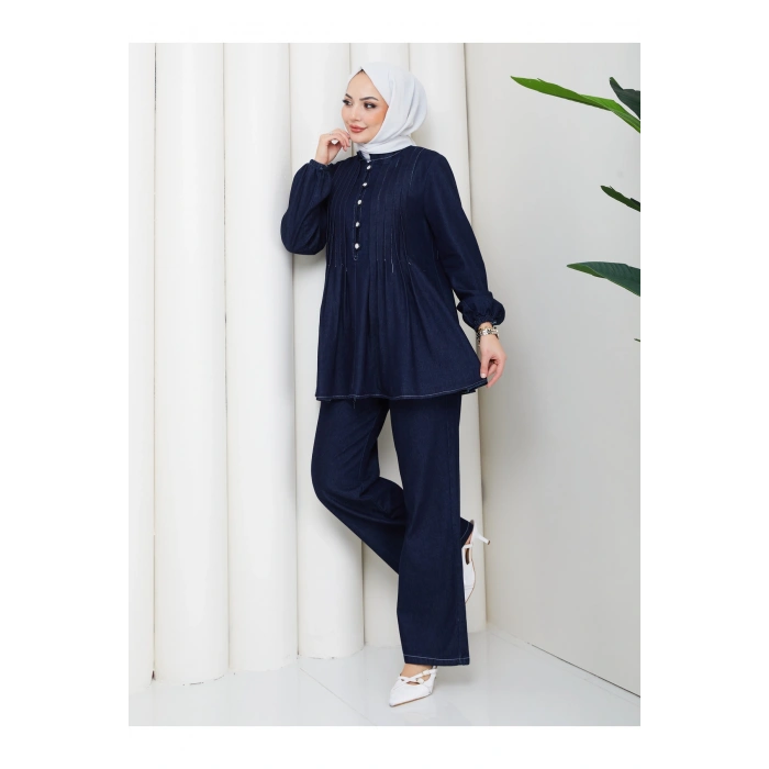 KADIN NERVÜLLÜ BİYELİ DÜĞMELİ BAĞCIKLI KOT TAKIM