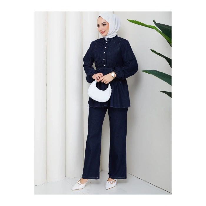 KADIN NERVÜLLÜ BİYELİ DÜĞMELİ BAĞCIKLI KOT TAKIM