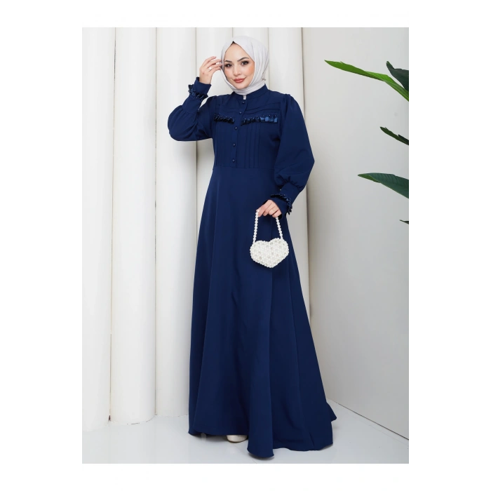 KADAN FIRFIR DETAYLI DERİ KEMERLİ TESETTÜR ELBİSE