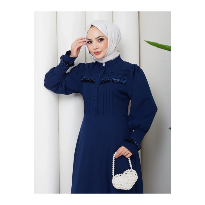 KADAN FIRFIR DETAYLI DERİ KEMERLİ TESETTÜR ELBİSE