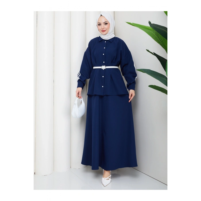 Kadın beyaz şeritli detaylı ceket etekli takım ikili