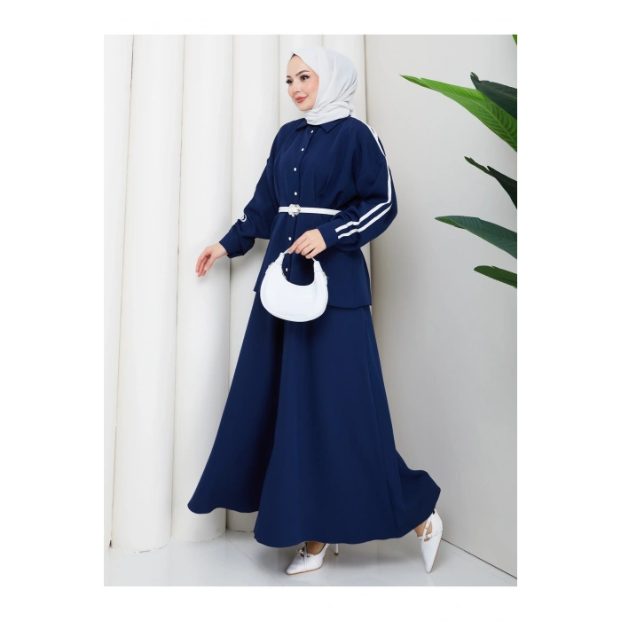 Kadın beyaz şeritli detaylı ceket etekli takım ikili