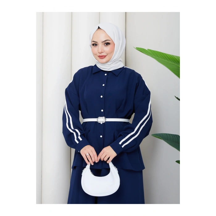 Kadın beyaz şeritli detaylı ceket etekli takım ikili