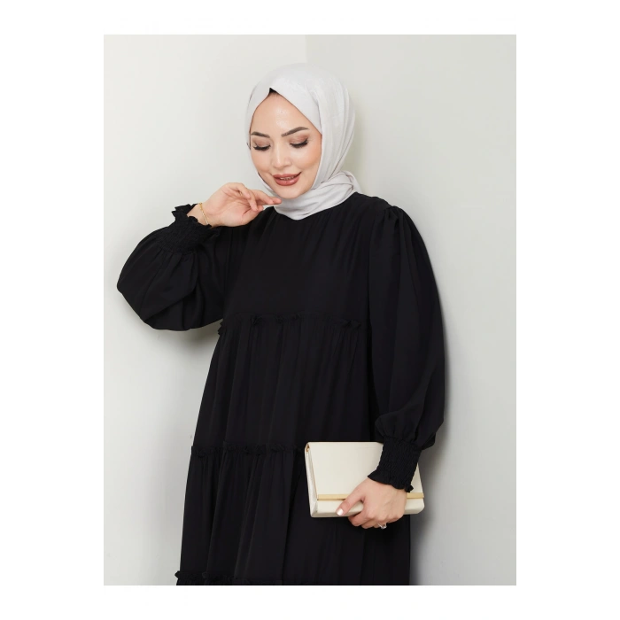 KATLI ELBİSE GİPELİ MANŞET KOLU TESETTÜR ELBİSE