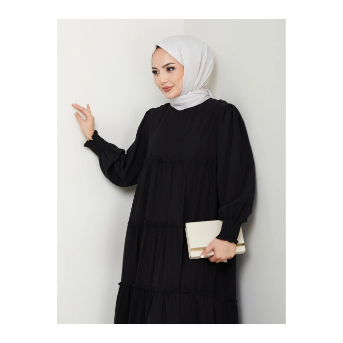 KATLI ELBİSE GİPELİ MANŞET KOLU TESETTÜR ELBİSE