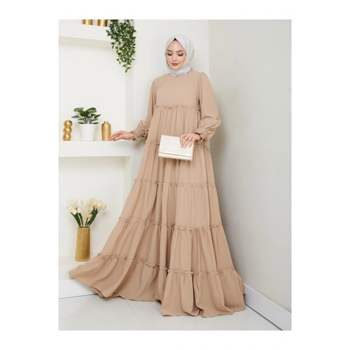KATLI ELBİSE GİPELİ MANŞET KOLU TESETTÜR ELBİSE