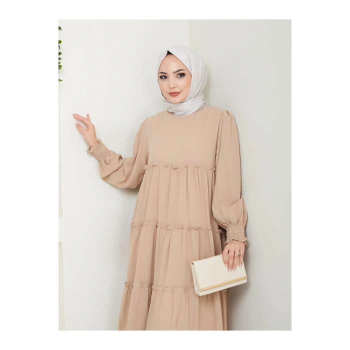 KATLI ELBİSE GİPELİ MANŞET KOLU TESETTÜR ELBİSE