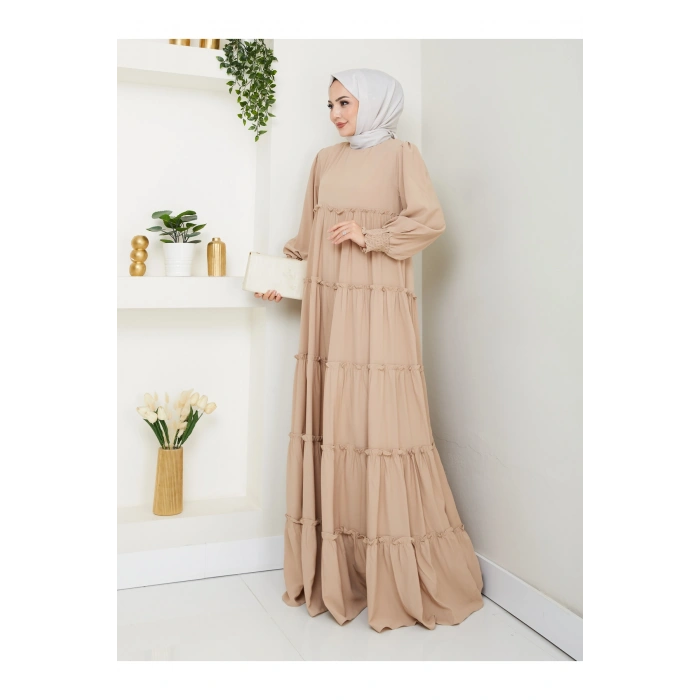 KATLI ELBİSE GİPELİ MANŞET KOLU TESETTÜR ELBİSE