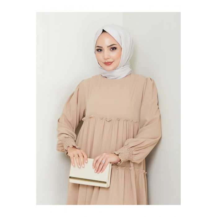 KATLI ELBİSE GİPELİ MANŞET KOLU TESETTÜR ELBİSE