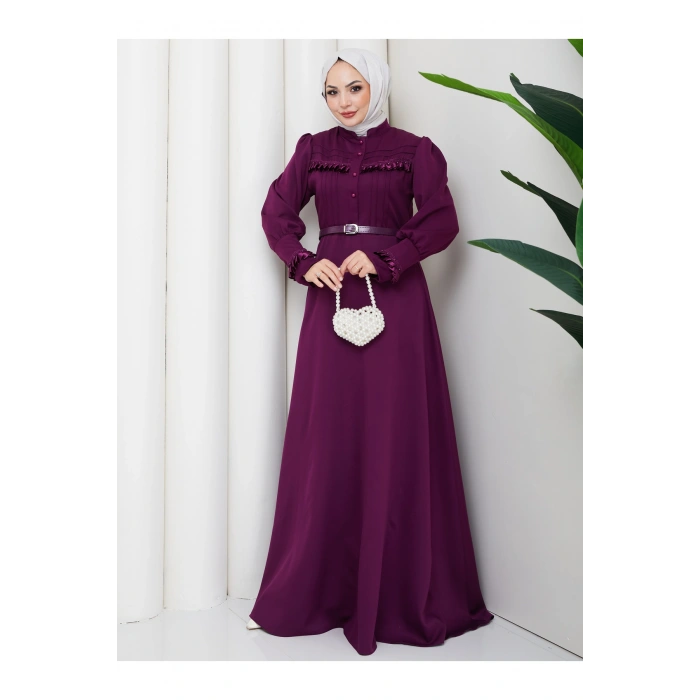 KADAN FIRFIR DETAYLI DERİ KEMERLİ TESETTÜR ELBİSE