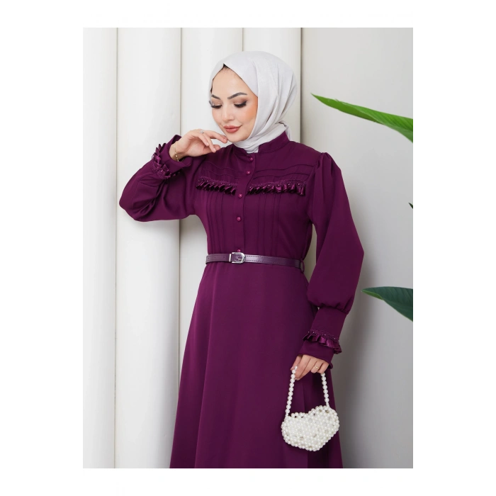 KADAN FIRFIR DETAYLI DERİ KEMERLİ TESETTÜR ELBİSE