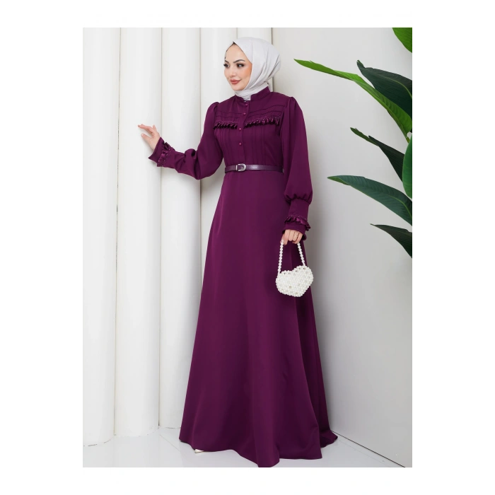 KADAN FIRFIR DETAYLI DERİ KEMERLİ TESETTÜR ELBİSE