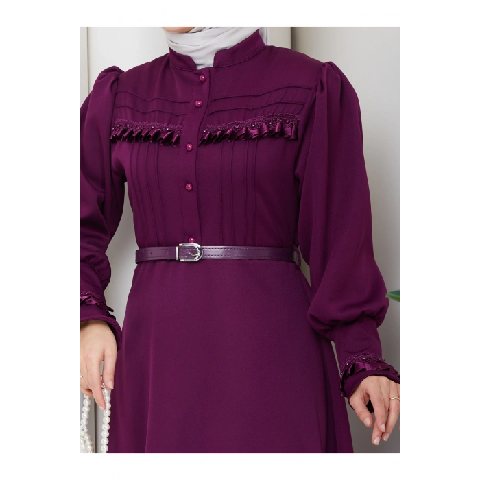 KADAN FIRFIR DETAYLI DERİ KEMERLİ TESETTÜR ELBİSE