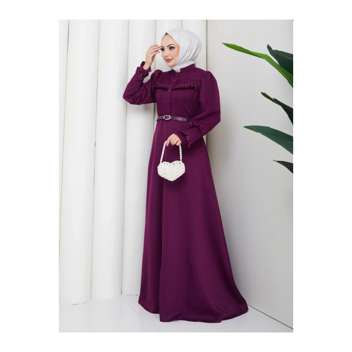 KADAN FIRFIR DETAYLI DERİ KEMERLİ TESETTÜR ELBİSE