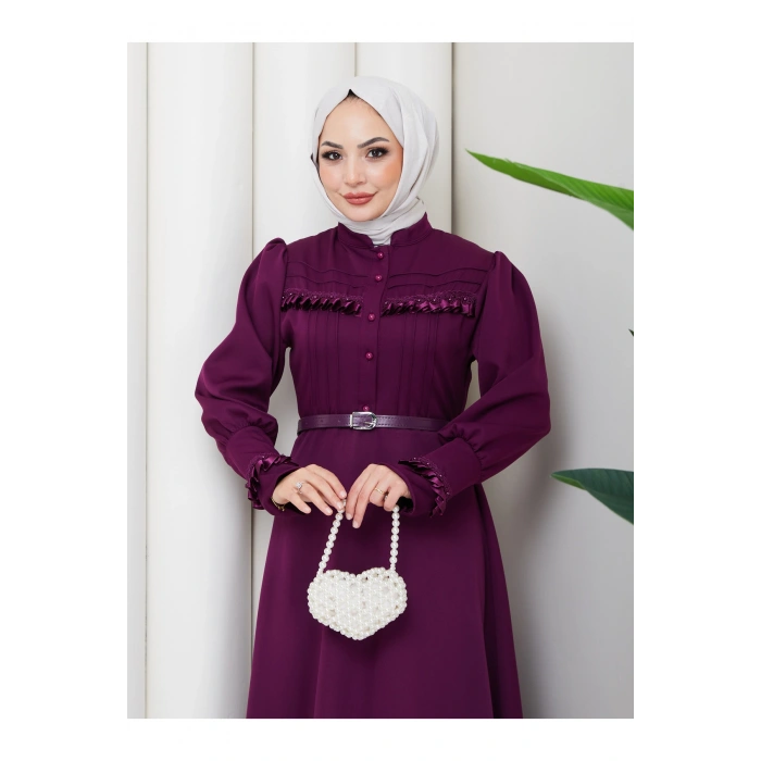 KADAN FIRFIR DETAYLI DERİ KEMERLİ TESETTÜR ELBİSE